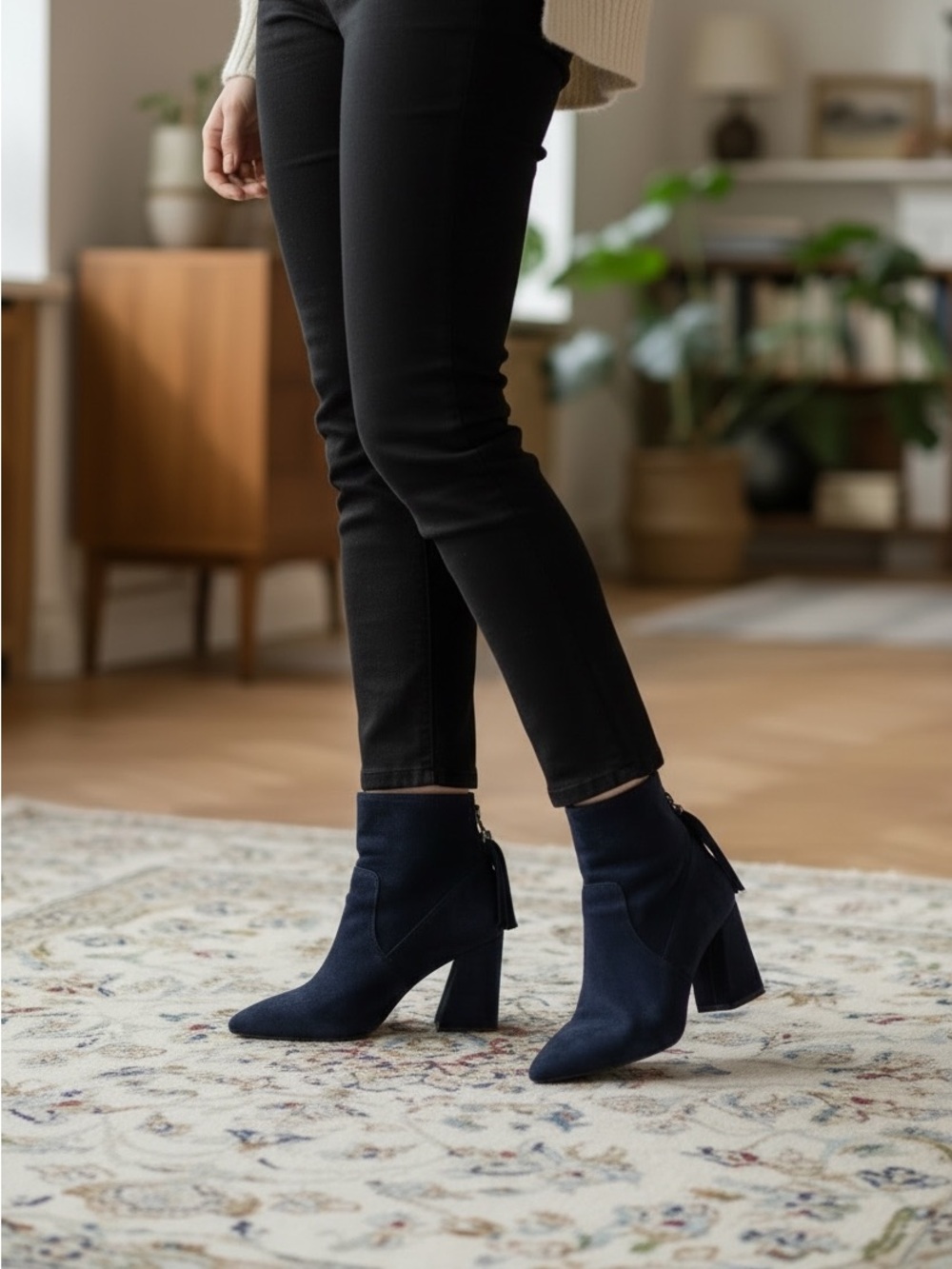 Kenneth Cole Women's Navy Suede Pointed Toe Block Heel Ankle Boots 8.5M - Picture 3 of 7
